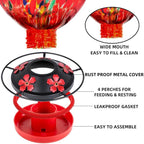 REZIPO Hummingbird Feeder with Perch - Hand Blown Glass - 38 Fluid Ounces Hummingbird Nectar Capacity Include Hanging Wires and Moat Hook (Red-fire)