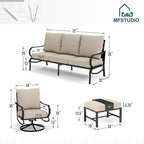 MFSTUDIO 5 Pieces Patio Conversation Sets,Outdoor Metal Furniture Sofas with 1 x 3-Seat Sofa, 2 x Swivel Chairs,2 x Ottoman,Wrought Iron Frame with Beige Cushion for Patio Courtyard Balcony