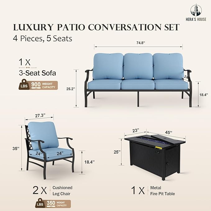 HERA'S HOUSE 4 Pieces Patio Fire Pit Furniture Set, 2 x Single Chair, 3-Seat Sofa with 45" Fire Pit Table, Outdoor Conversation Set for Garden, Poolside, Backyard, Blue