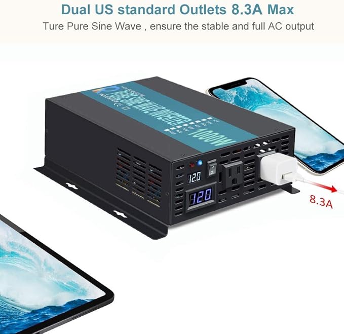 WZRELB 1000W 12V 120V Pure Sine Wave Power Inverter with 2 AC Outlets,Car Inverter
