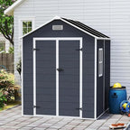6x6 FT Outdoor Storage Shed with Floor and Window, Waterproof Resin Garden Tool Sheds w/Lockable Door, Vents & Sloped Roof, All-Weather Plastic Tool House for Patio, Backyard, Lawn, Dark Gray