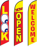3 (three) Tall windless Feather Flags of LOOK NOW OPEN AND WELCOME Yellow Advertising banner (Pack of 3 Replacement Flags only)