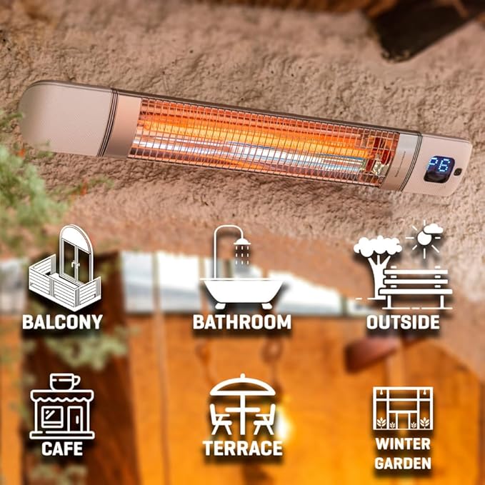 Infrared Patio Heater, Carbon Wall Mounted Heater 300/1500W, 6 Heat Modes Outdoor Heater, IP55 Waterproof, Instant Heat in 3 Seconds, Remote Control (WHITE)