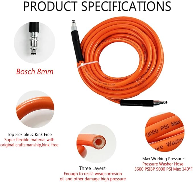 5800PSI/400Bar Ultra Flexible Pressure Washer Hose for Bosch Home Cleaning, 5M-30M High Pressure Extension Tube with Quick-Connect Adapter,(Red/Blue/Yellow/Green/Grey/Orange/Light Blue)(Orange,16FT)