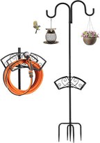Double Shepherds Hooks for Outdoor, Upgraded Heavy Duty Bird Feeder Pole, Freestanding Hose Stand Adjustable Water Hose Holder with 5 Prongs Base, Thickened Garden Hooks for Outside Yard Lawn