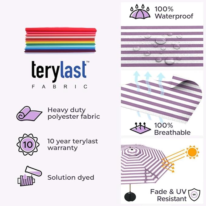 Midtown Umbrellas The Wooden 8 Feet Patio Umbrella With Terylast Midtown Stripes (Purple/White Stripes) Polyester Fabric - Aluminum Frame Market Umbrella For Backyard, Deck, Garden, Pool - Wooden Pole