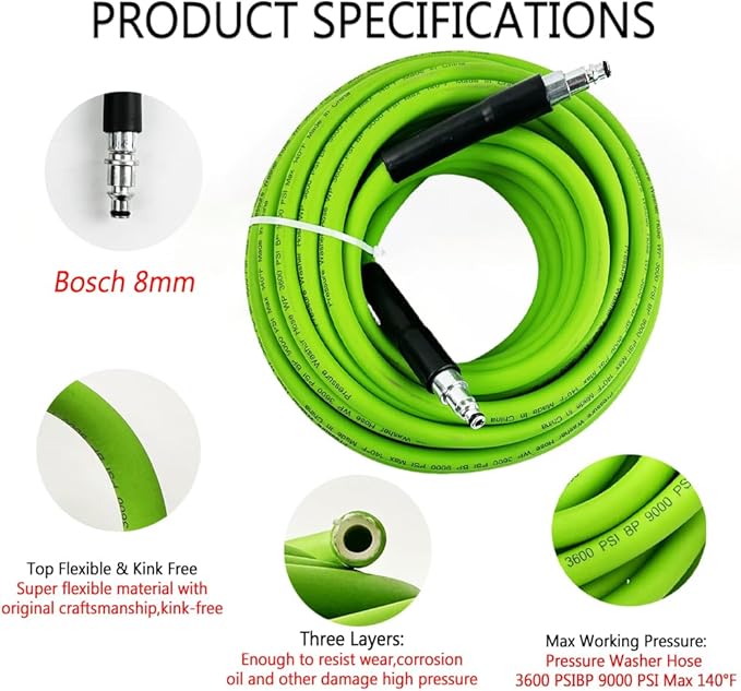 5800PSI/400Bar Ultra Flexible Pressure Washer Hose for Bosch Home Cleaning, 5M-30M High Pressure Extension Tube with Quick-Connect Adapter,(Red/Blue/Yellow/Green/Grey/Orange/Light Blue)(Green,32FT)