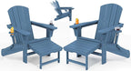 KINGYES Folding Adjustable Adirondack Chairs with Ottoman & 2 Cup Holders Set of 2, HDEP Multifunctional Adirondack Chair with Footrest, Blue