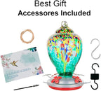 WOSIBO Hummingbird Feeder for Outdoors Patio Large 32 Ounces Colorful Hand Blown Glass Hummingbird Feeder with Ant Moat Hanging Hook, Rope, Brush and Service Card (Green)