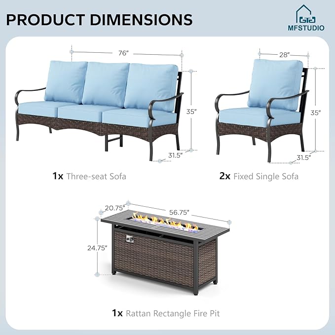 MFSTUDIO 4 Pieces Outdoor Patio Furniture Set, Metal Outdoor Conversation Set, Rattan Wicker Patio Sectional Set with 2 x Fixed Single Sofa, 3-Seat Sofa, 1 x Fire Pit Table, Blue