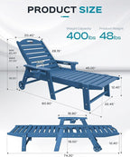 Lounge Chair Outdoor, Oversized Chaise Lounge Chair with 5 Positions, HDPE, Patio Lounge Chair with Wheels & Cup Holder for Pool, Deck, Poolside, Azure Blue