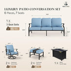 HERA'S HOUSE 6 Pieces Patio Furniture Set with Fire Pit Table, 2 x Swivel Chair, 2 x Ottoman, 3-Seat Sofa with 45" Fire Pit Table, Outdoor Conversation Set for Garden, Poolside, Backyard, Blue