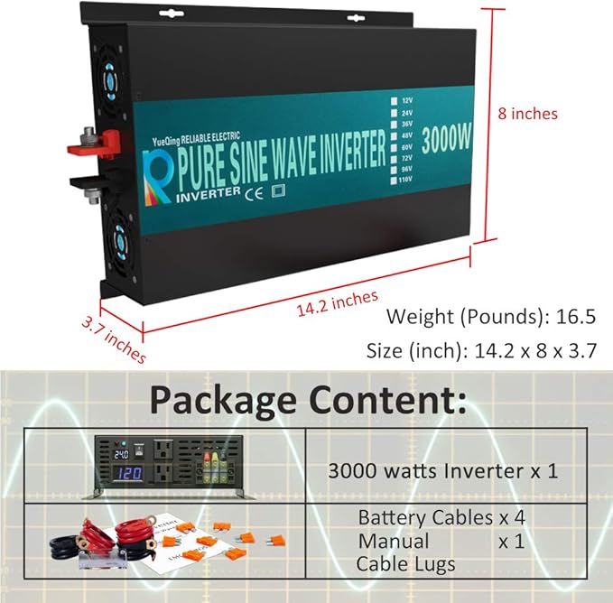 WZRELB 3000W 12V 110V Pure Sine Wave Solar Power Inverter Homeuse DC to AC System