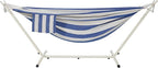 LazyDaze Hammocks Double Hammock with Stand - 2 Person Heavy Duty Outdoor Hammock for Adults, Includes Durable Steel Stand, Portable Carrying Bag and Pillow, Blue White