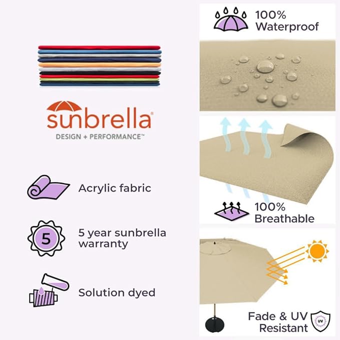 Midtown Umbrellas Push Pop Sunbrella Umbrella 9 Feet Outdoor Umbrella in Heather Tan Acrylic - Patio Umbrella, Backyard Umbrella, Garden Umbrella, Picnic Table Umbrella & Pool Umbrella - Black Pole