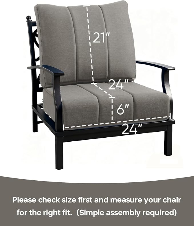 Luxury 24x24x6 Inch Kitty Outdoor Deep Seat Cushions Set of 6 - Comfortable Patio Chair Cushion for Outside Wicker Dining Rocking Swivel Chairs Loveseat Couch Sectional Sofa - Grey