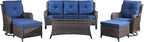 Wicker Outdoor Conversation Set-6 Pieces Outdoor Wicker High Back Couch with Swivel Rocker Chairs Patio Furniture for Deck Poolside Backyard-Brown/Blue