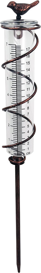 JOYBee 7inch Capacity Glass Spiral Rain Gauge,Cast Iron Bird Hanging Rain Gauge,Garden Rain Water Meter Measuring with Metal Frame,Decoration for Outdoor Garden Lawn Backyard
