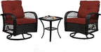 Patio Furniture Set Swivel Rocker, Outdoor Patio Chairs, 3 Piece Suit Porch Furniture Rocking Set, Backyard Rocker Rattan Chair, with Thickened Cushions and Glass Coffee Table(Wine Red)