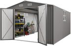 10x14 FT Large Outdoor Storage Shed,Durable Metal Garden Shed with Three Lockable Doors and Two Windows,Waterproof Tool Shed for Backyard Patio,All-Weather Shelter for Bike,Lawn Mowers,Grey