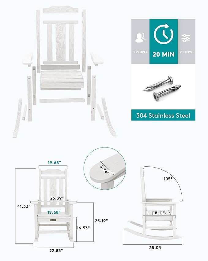SERWALL Outdoor Rocking Chair White Set of 8, All Weather Patio Rocking Chair, HDPE Poly Rocking Chair for Adults, Heavy Duty Front Porch Rocker