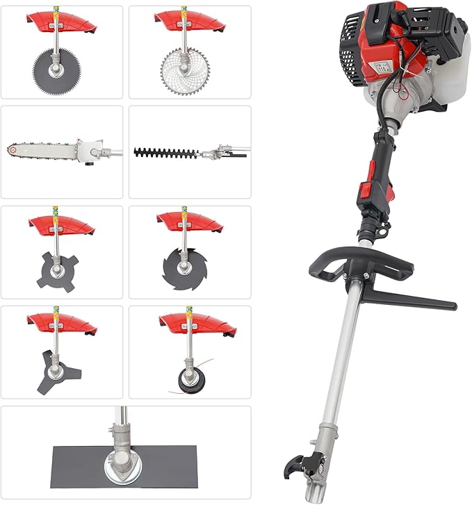52cc 2-Stroke Multi-Function String Grass Trimmer/Edger/Brush Cutter with 7 Heads and Telescopic Aluminum Shaft, Gasoline-Powered Professional Grade for Yard Maintenance Landscaping Heavy-Duty Use