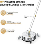 19" Pressure Washer Surface Cleaner with 4 Wheels, Stainless Steel Housing, 4000 PSI Max, 3 Connect Nozzles & 2 Extension Wands, Pressure Washer Surface Cleaner for Concrete, Patios, Sidewalks