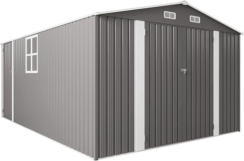10x14 FT Large Outdoor Storage Shed,Durable Metal Garden Shed with Three Lockable Doors and Two Windows,Waterproof Tool Shed for Backyard Patio,All-Weather Shelter for Bike,Lawn Mowers,Grey