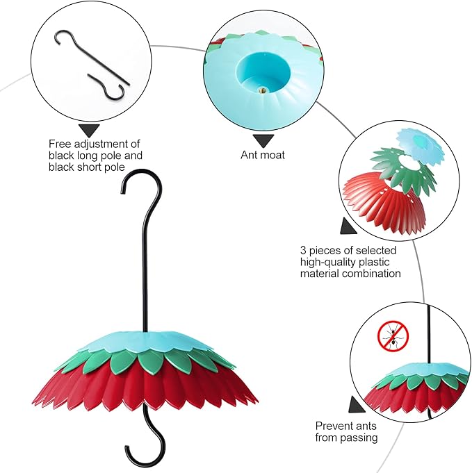 8" Bird Feeder Dome with Ant Moat, Skaithee 8" Bird Feeder Baffle with Ant Guard & Shepherd Hooks, Attract Hummingbirds & Anti Sun/Rain/Snow/Ants (Red 8 inches 20cm)