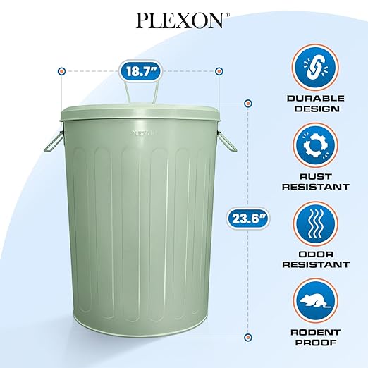 Plexon 20 Gallon Metal Trash Can with Lid Outdoor Large Garbage Can Decorative Trash Can Heavy Duty Powder Coated Metal Bucket with Lid for Garage Workshop Ash Storage Farmhouse, Green