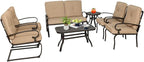 7-Piece Outdoor Metal Furniture Sets Patio Conversation Set, Wrought Iron Loveseat, 2 Dining Chairs, 2 Spring Chairs and Coffee Table, Brown