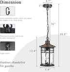 Large Hanging Porch Light 12.4 Inch Dusk to Dawn Outdoor Pendant Light with Water Ripple Glass Waterproof Outdoor Hanging Lantern Light with Adjustable Chain E26 Socket