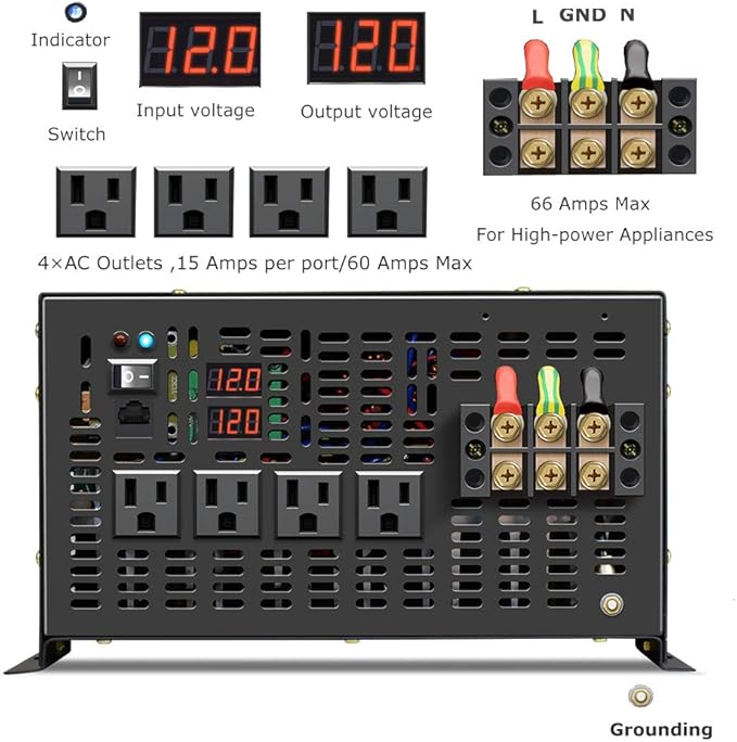 WZRELB 6000W 12V 120V Pure Sine Wave Power Inverter 4 AC Outlets Wired Remote Control,RV, Camping