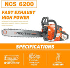 NEO-TEC 20 Inch Chainsaw, 62CC Power Chain Saws Gas Powered 2 Stroke Handed Petrol Gasoline Chain Saw for Cutting Wood Outdoor Garden