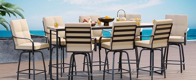 Patio Swivel Bar Stools, Outdoor High Back Swivel Bar Chair Set of 6 with Cushion & All Weather Steel Frame for Backyard, Lawn, Poolside and Balcony, Beige