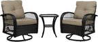 Patio Furniture Set Swivel Rocker, Outdoor Patio Chairs, 3 Piece Suit Porch Furniture Rocking Set, Backyard and Garden Rocker Rattan Chair, with Thickened Cushions and Glass Coffee Table(Brown)