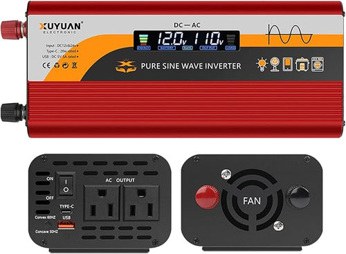 1000W Pure Sine Wave Inverter (2000W Peak), 12V/24V Auto-Detect, 50Hz/60Hz Switchable, LCD Display, Type-C Fast Charging, Silent Design, Overload & Overheat Protection for RV, Home (RED-1000W)