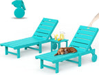 Outdoor Chaise Lounge Chairs with Table, 3-Piece, 26.8” Super Wide Lounge Chair Outdoor, HDPS Pool Chairs with 5 Positions, Patio Lounge Chair with Wheels for Pool,Lawn,Backyard, Aruba Blue