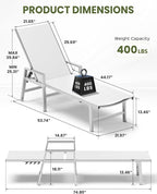 Patio Chaise Lounge Outdoor with Wheels&Armrests, Aluminum Pool Lounge Chairs 5-Position Adjustable Recliner, Sun Beach Lounge Chairs for Poolside, Patio, Deck, Yard, White