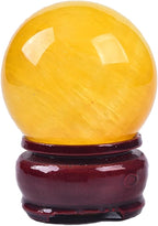 JIC Gem Natural Yellow Fluorite Crystal Sphere Crystal Decorative Ball with Wooden Stand Meditation Balls for Witchcraft Reiki Gift 50-60mm