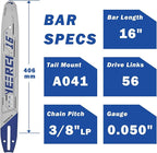 16 Inch Chainsaw Bar 56 Drive Links 3/8"LP Pitch .050" Gauge, 16 Chainsaw Guide Bar, Chainsaw Accessories Fits for Craftsman, Earthwise, Homelite and More(2 Pack)