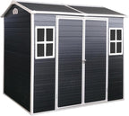Outdoor Storage Shed with Two-Window and Double-Door, Resin Storage Shed with Lockable Door, Plastic Shed with Floor for Gargen, Patio, Yard, Lawn (Black, 8 x 4 FT)