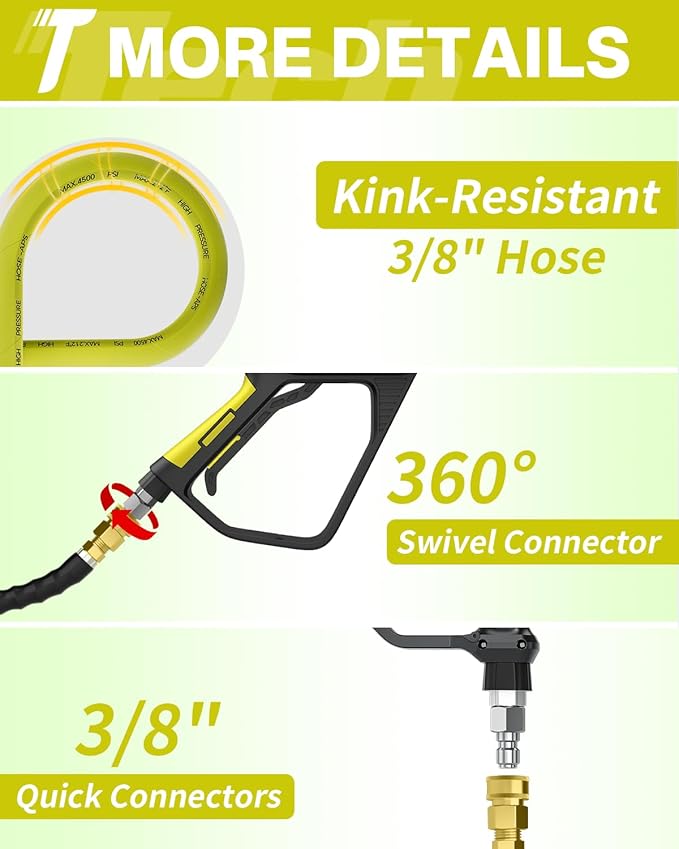 Pressure Washer Hose 100FT 3/8" for Cold and Hot Water 212°F, with Swivel Quick Connect, 4500PSI Kink Resistant Grade Steel Wire Braided, Power Washer Hose With 2pcs M22-14mm Adapter