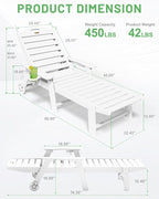 Lounge Chair Outdoor Set of 4 with Wheels, Adjustable 6-Position Chaise Lounge Outdoor, Patio Lounge Chair for Poolside Backyard, White
