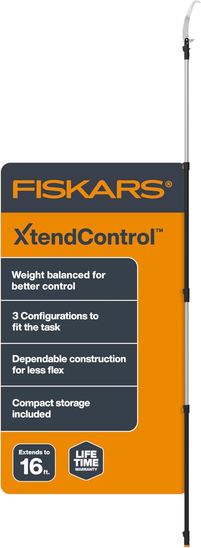 Fiskars XtendControl Extendable Tree Pruner (16 ft), Adjustable Branch Trimmer with 15" X3 Double-Hooked Saw, 4-8 ft Extension Pole, and Secure Locking System for Precision Cutting