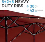 GREEN PARTY 15 ft Rectangle Patio Umbrella with Solar Lights and Base Included, Double-Sided Market Table Umbrella with Crank, Large Outdoor Umbrellas for Patio Poolside Garden Backyard, Burgundy Red