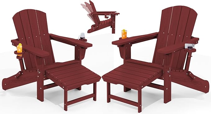 KINGYES Folding Adjustable Adirondack Chair with Ottoman & 2 Cup Holders Set of 2, HDEP Reclining Adirondack Chair with Footrest, Red