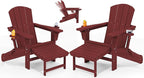 KINGYES Folding Adjustable Adirondack Chair with Ottoman & 2 Cup Holders Set of 2, HDEP Reclining Adirondack Chair with Footrest, Red