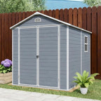 8 x 6 FT Outdoor Storage Shed with Window, Outside Garden Resin Sheds w/Floor and Lockable Doors, Waterproof Plastic Tool House for Backyard, Garden, Patio, Lawn, Bike Accessories, Grey
