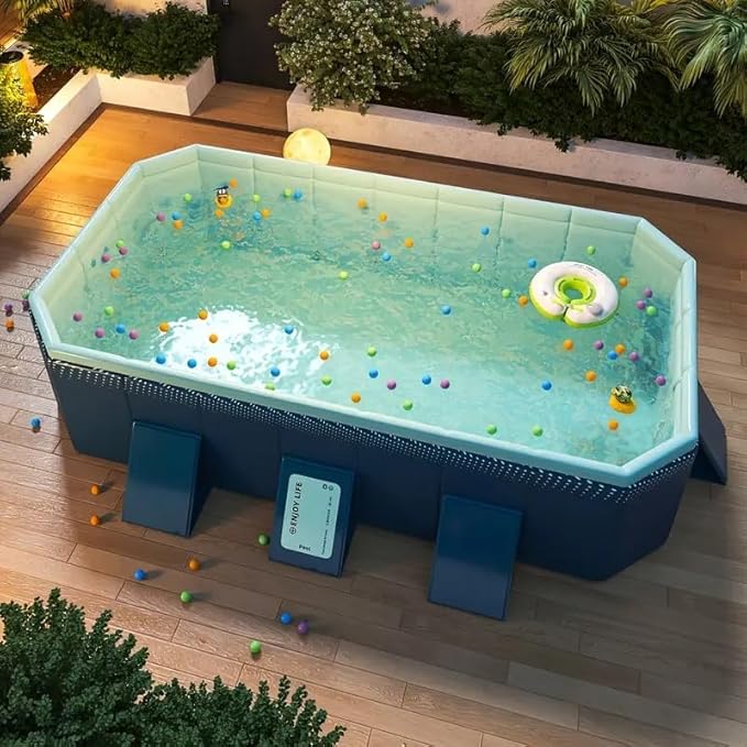 2.6m PVC Folding Pool, Non-Inflatable Portable Swimming Pool for Kids and Adults, Hard Plastic Shell Outdoor Pool with Foldable Design for Backyard, Patio, Beach